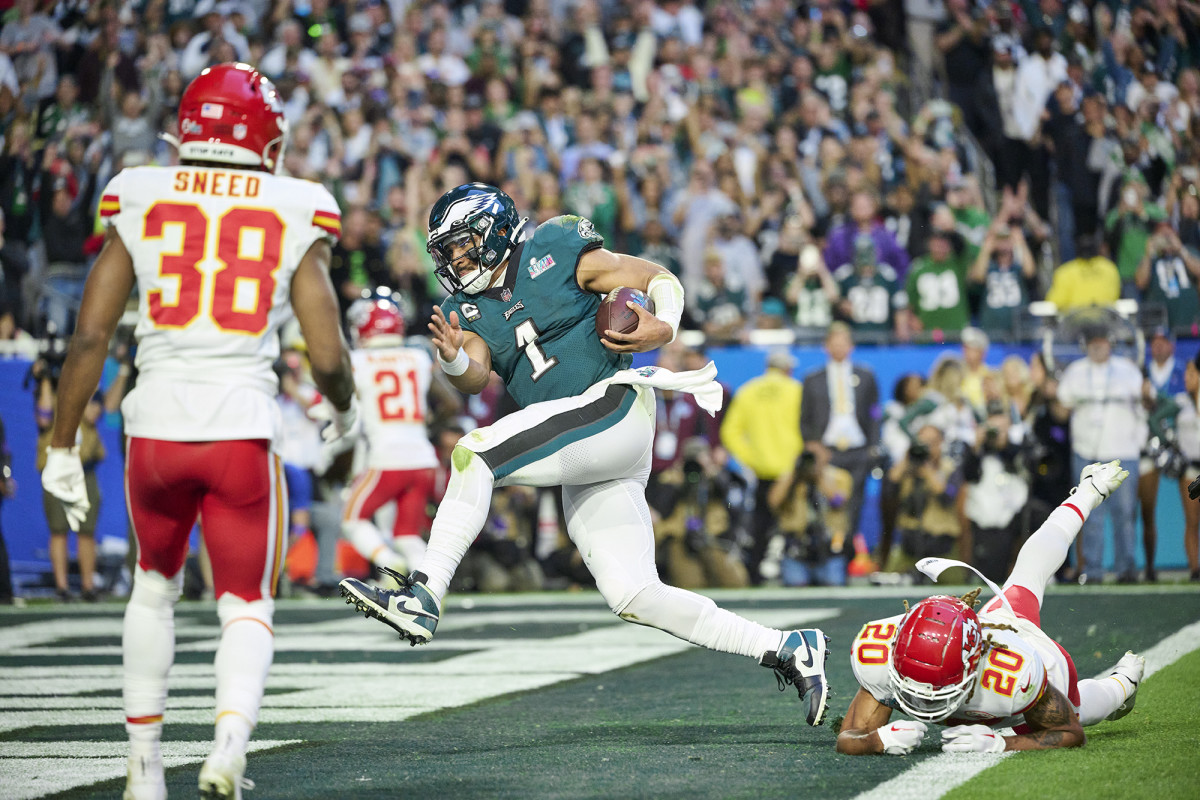 Against the Chiefs, Hurts became the second player—and first quarterback—to rush for three touchdowns in one Super Bowl.